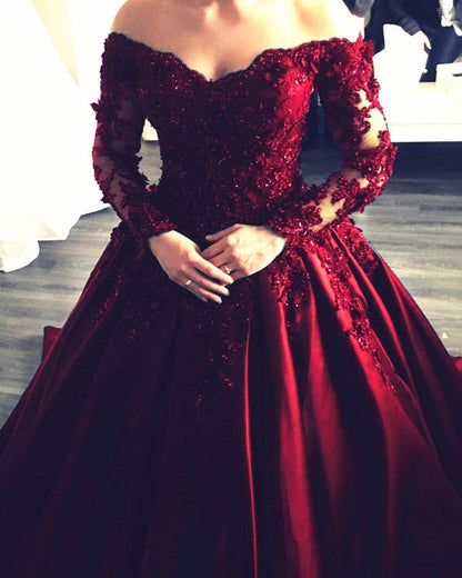 Lace Appliques Long Sleeves Ball Gowns Wedding Dresses Off Shoulder
