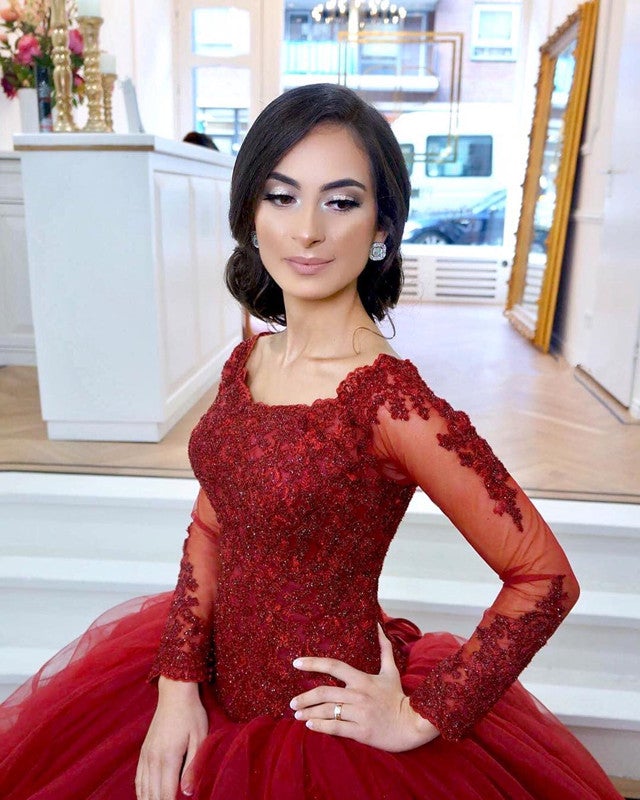 Lace Appliques Long Sleeves Tulle Ball Gowns Maroon Wedding Dresses
