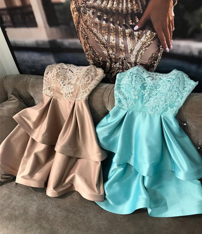 Lace Appliques Sweetheart Ruffles Satin Prom Dresses Short Homecoming Dress