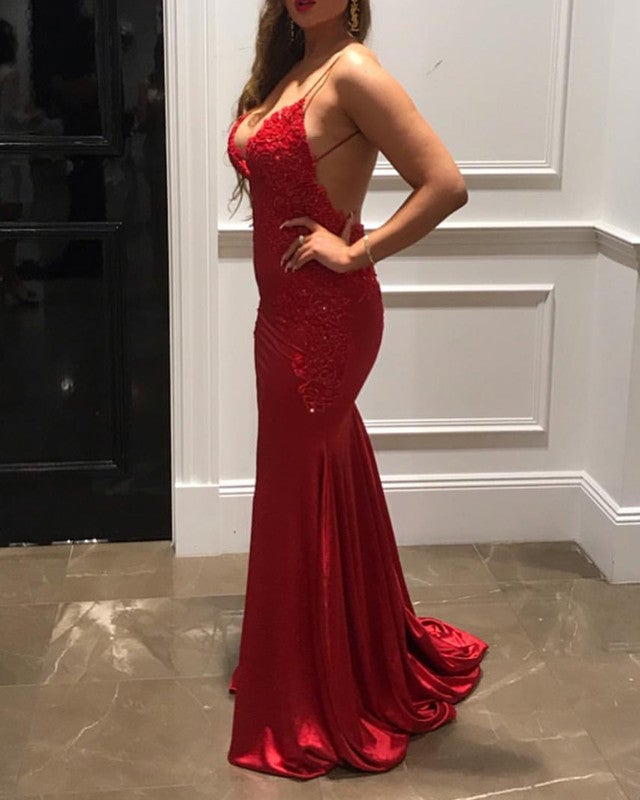 Lace Appliques V Neck Open Back Mermaid Prom Dresses Satin