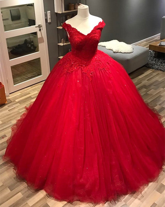 Lace Appliques V-neck Off The Shoulder Tulle Ball Gowns Wedding Dresses