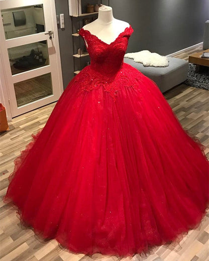Lace Appliques V-neck Off The Shoulder Tulle Ball Gowns Wedding Dresses