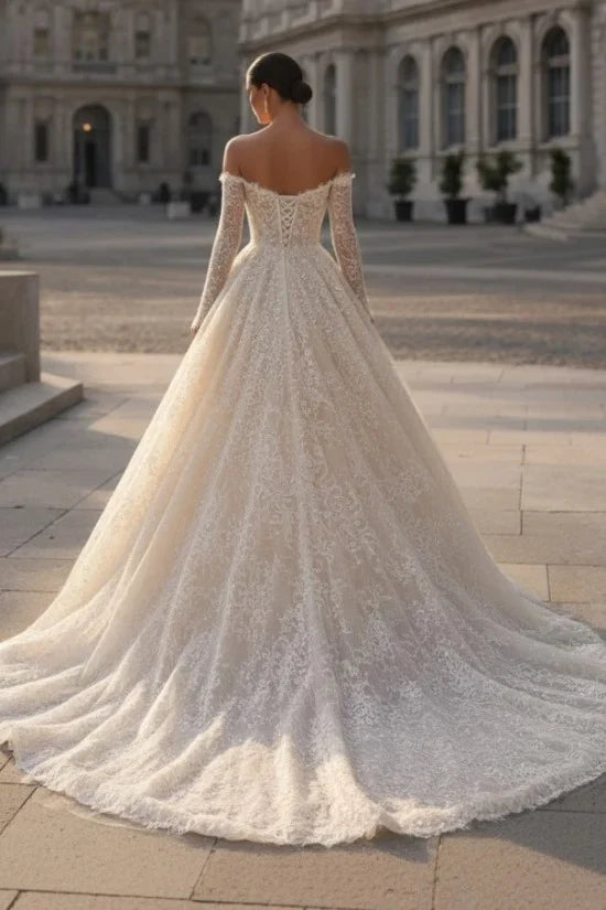 Glitter Lace Ball Gown Wedding Dress with Sleeves Off-the-Shoulder Sweetheart Corset Bridal Gown