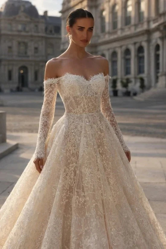 Glitter Lace Ball Gown Wedding Dress with Sleeves Off-the-Shoulder Sweetheart Corset Bridal Gown