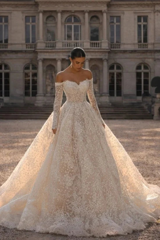 Glitter Lace Ball Gown Wedding Dress with Sleeves Off-the-Shoulder Sweetheart Corset Bridal Gown
