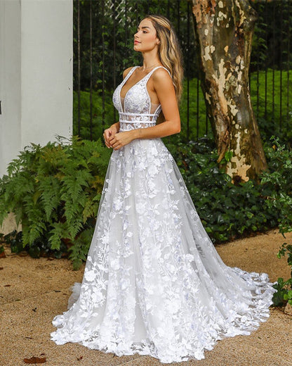 Lace A Line Wedding Dresses V Neck