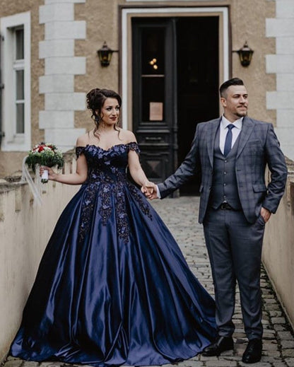 Lace Embroidery Beaded Off The Shoulder Satin Wedding Ballgown Dresses