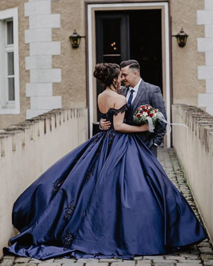 Lace Embroidery Beaded Off The Shoulder Satin Wedding Ballgown Dresses