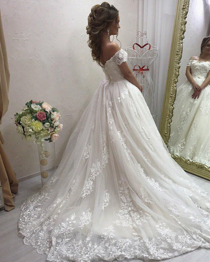 Lace Embroidery Off Shoulder Tulle Wedding Dresses Princess