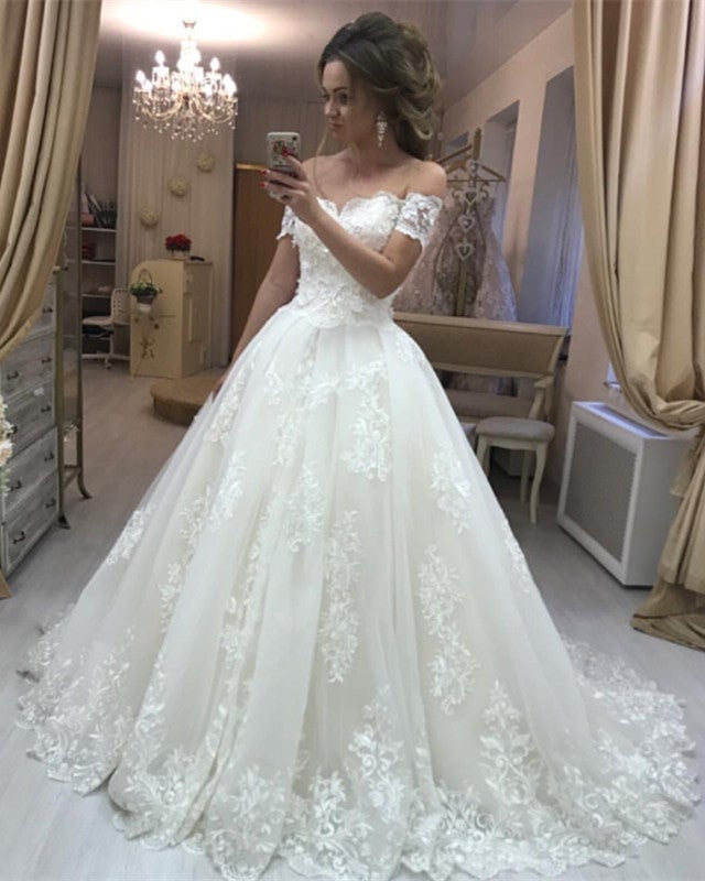 Lace Embroidery Off Shoulder Tulle Wedding Dresses Princess