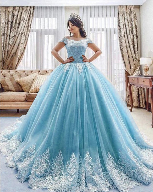 Lace Embroidery Off The Shoulder Tulle Ball Gowns Quinceanera Dresses