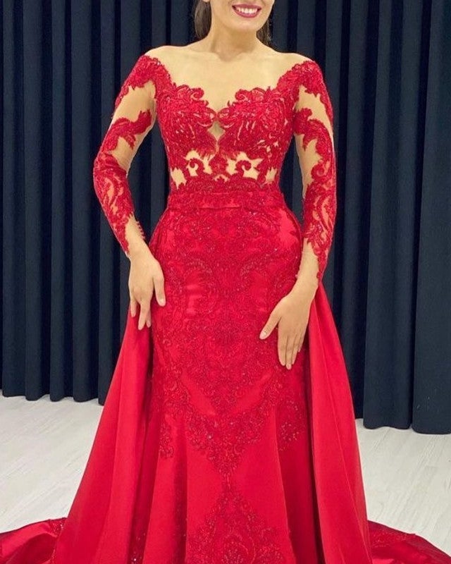 Lace Embroidery Prom Dresses Mermaid Long Sleeves Satin Sweep Train