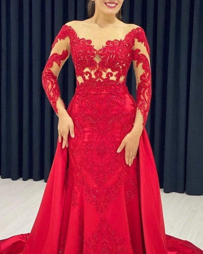 Lace Embroidery Prom Dresses Mermaid Long Sleeves Satin Sweep Train