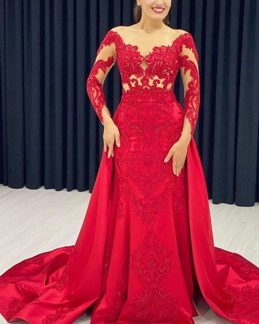 Lace Embroidery Prom Dresses Mermaid Long Sleeves Satin Sweep Train