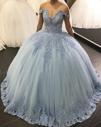 Lace Embroidery Tulle Ball Gowns Wedding Off Shoulder Dresses