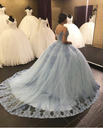 Lace Embroidery Tulle Ball Gowns Wedding Off Shoulder Dresses