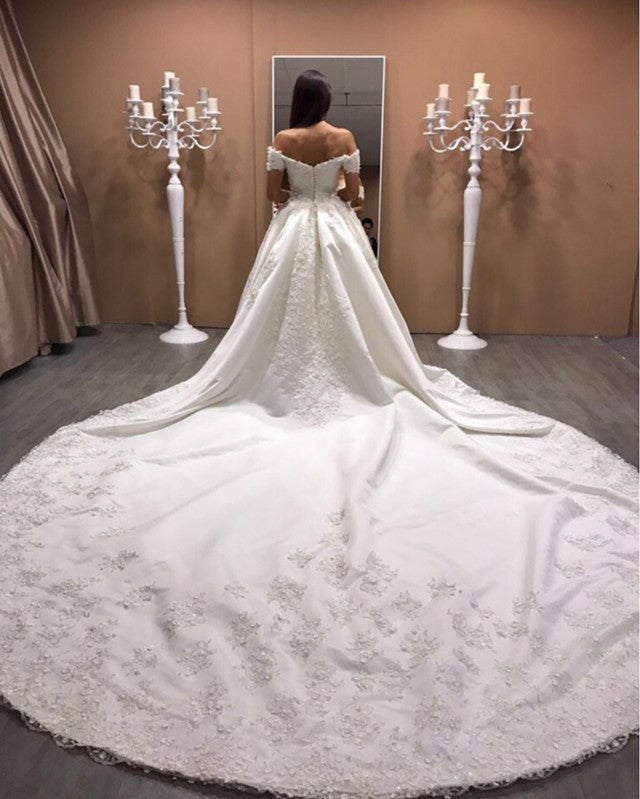 Lace Embroidery V-neck Royal Train Satin Wedding Dresses