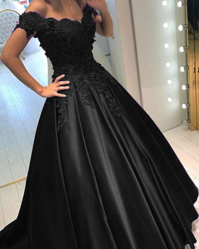 Lace Flowers Beaded Prom Dresses Off Shoulder Satin Ball Gowns