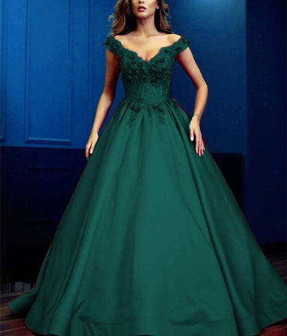 Lace Flowers Beaded V-neck Ball Gowns Prom Dresses Satin