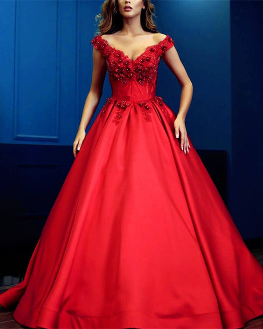 Lace Flowers Beaded V-neck Ball Gowns Prom Dresses Satin