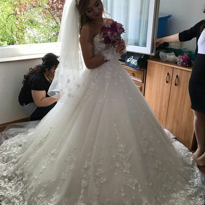 Lace Flowers Sweetheart Tulle Ball Gowns Embroidery Wedding Dresses