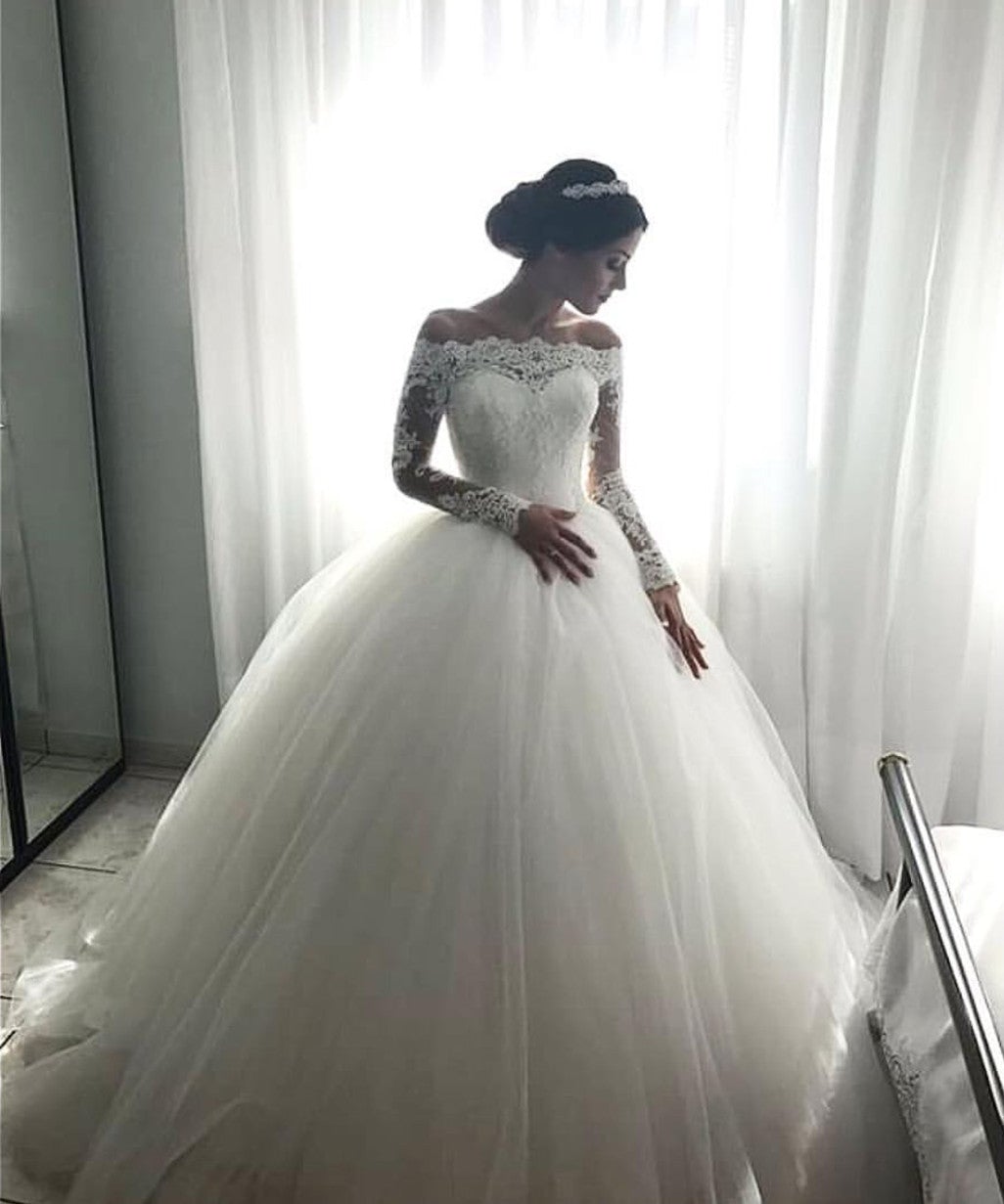 Lace Long Sleeves Tulle Ball Gowns Wedding Dresses Off The Shoulder