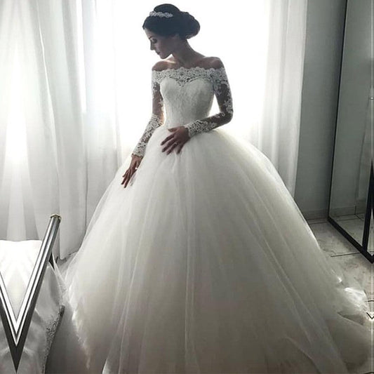 Lace Long Sleeves Tulle Ball Gowns Wedding Dresses Off The Shoulder