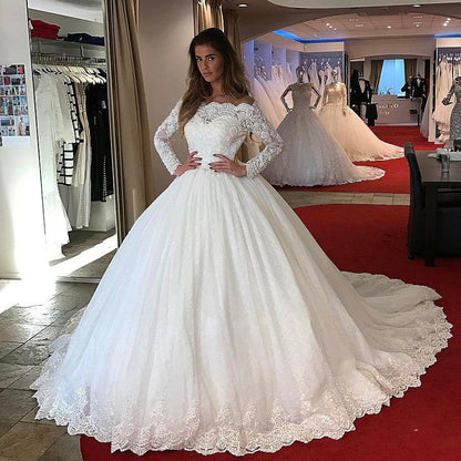 Lace Long Sleeves Tulle Ball Gowns Wedding Dresses