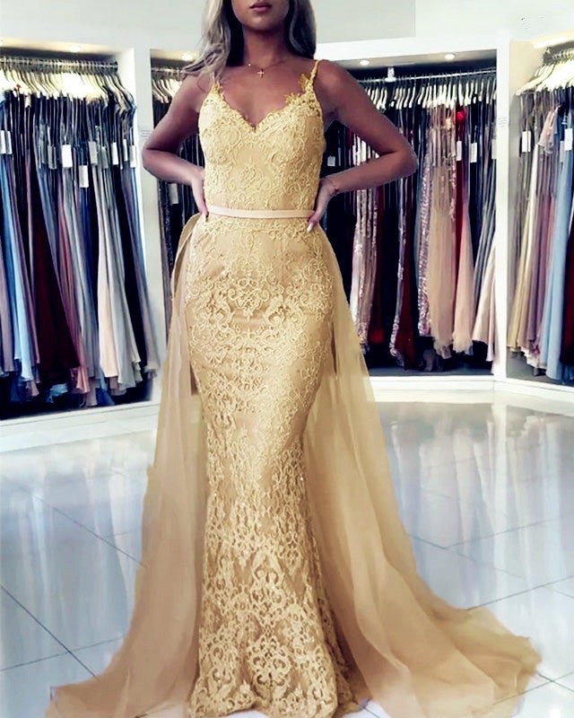 Lace Mermaid Dresses V Neck Removable Skirt