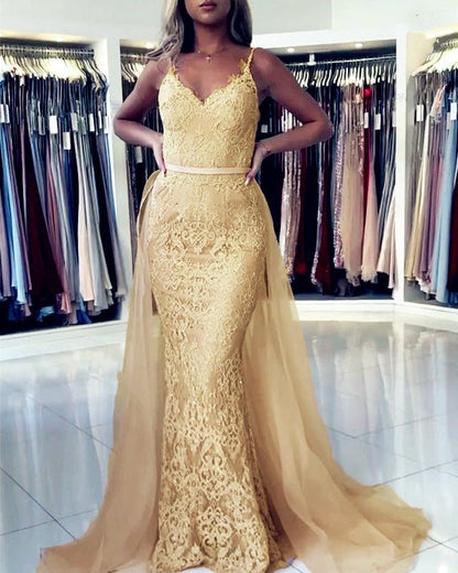Lace Mermaid Dresses V Neck Removable Skirt