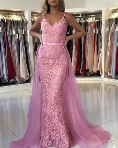 Lace Mermaid Dresses V Neck Removable Skirt