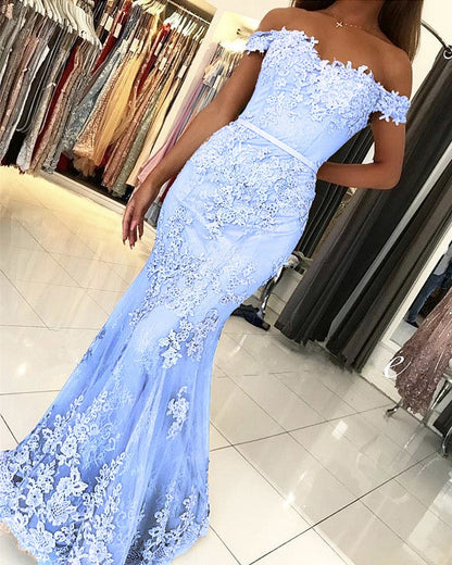 Lace Mermaid Prom Dresses Off Shoulder Formal Gowns