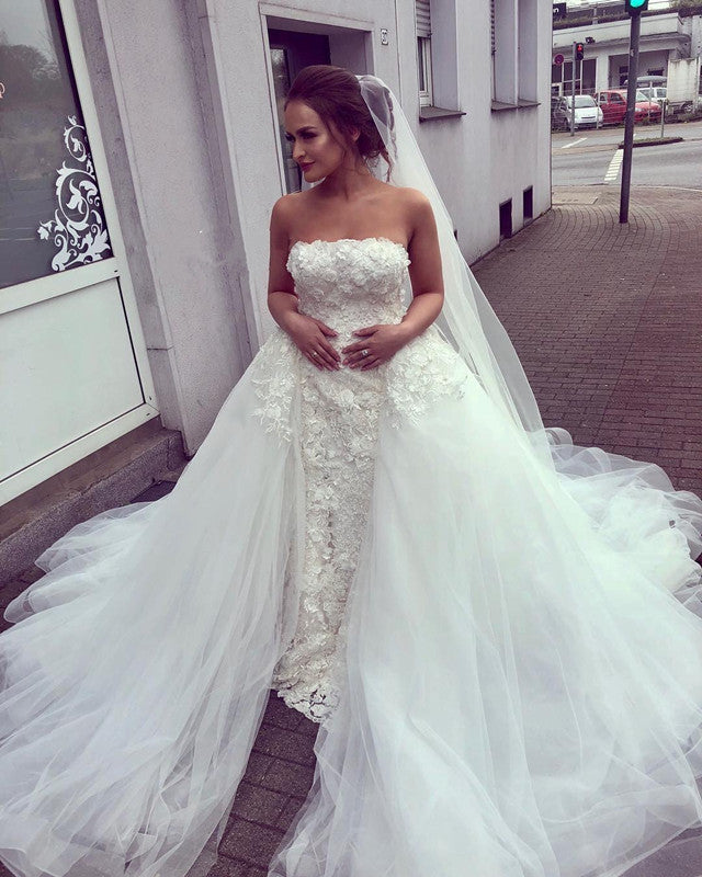 Strapless Mermaid Lace Wedding Dresses Removable Train