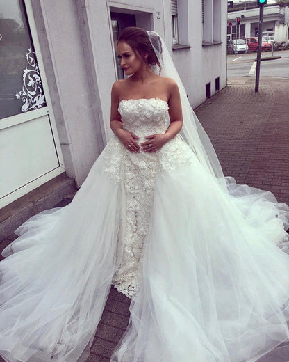 Strapless Mermaid Lace Wedding Dresses Removable Train