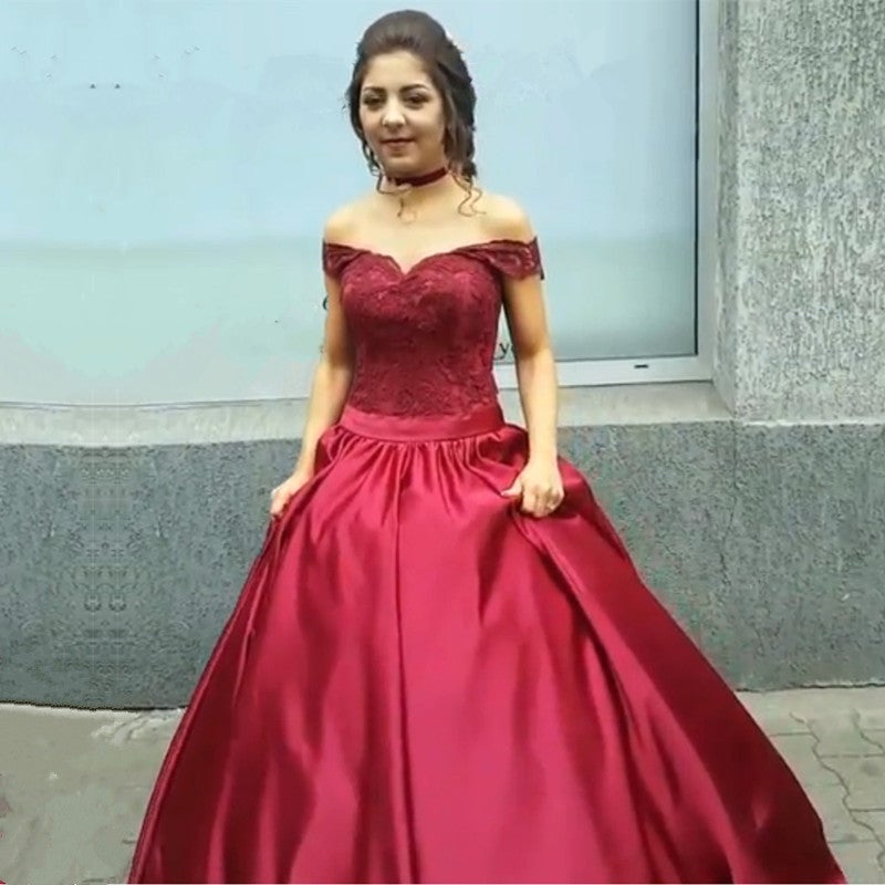 Lace Off Shoulder Burgundy Satin Wedding Dress Ball Gown