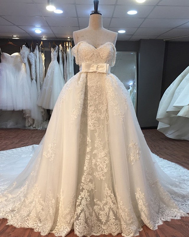 Lace Off Shoulder Mermaid Wedding Dresses Removable Skirt