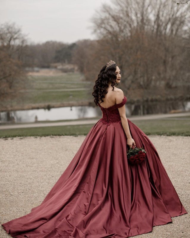 Lace Off Shoulder Satin Wedding Dresses Ball Gowns