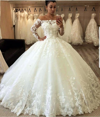 Lace Off The Shoulder Tulle Ball Gowns Wedding Dresses Long Sleeves