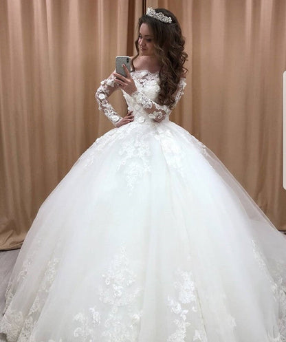 Lace Off The Shoulder Tulle Ball Gowns Wedding Dresses Long Sleeves
