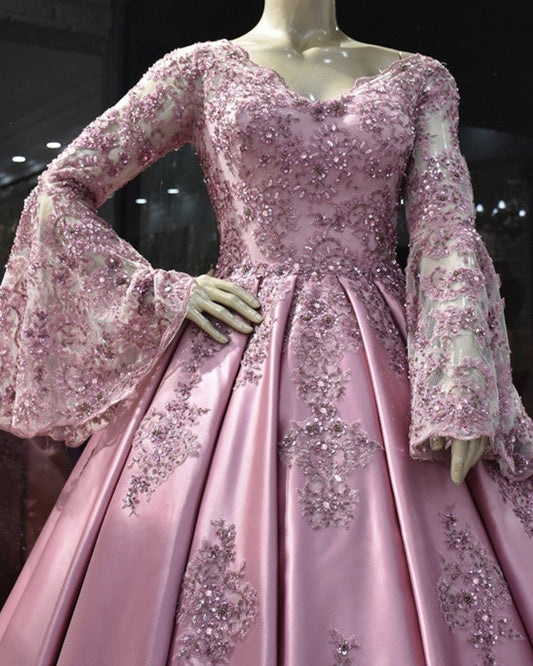 Lace Puffy Sleeves Satin Ball Gown V-neck Dress