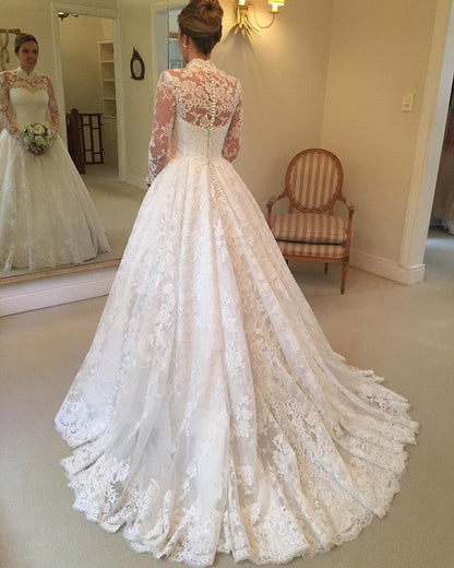 Vintage Lace Princess Wedding Dress High Neck Long Sleeves
