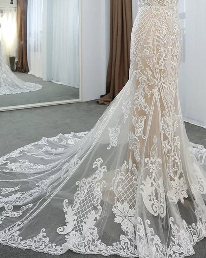Lace V Neck Mermaid Wedding Dresses