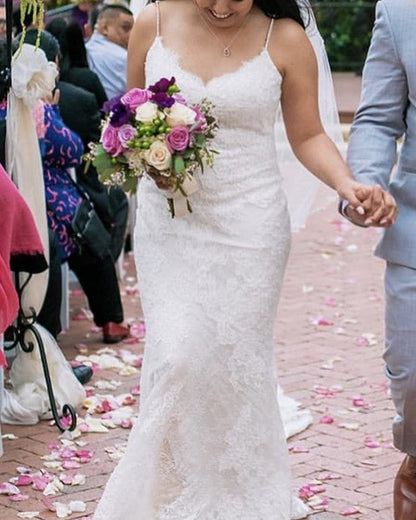 Lace V Neck Mermaid Wedding Dresses Sweep Train