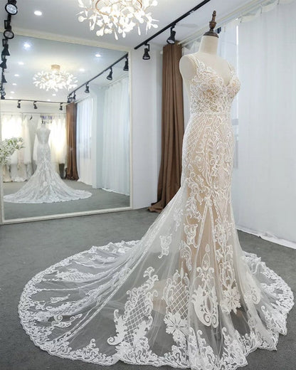 Lace V Neck Mermaid Wedding Dresses