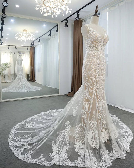 Lace V Neck Mermaid Wedding Dresses