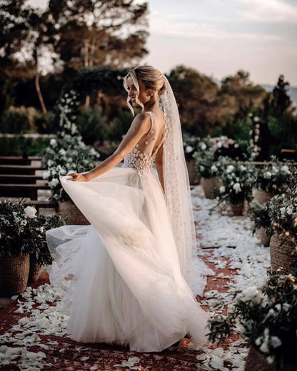Lace V Neck Tulle Wedding Dress Destination