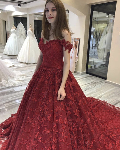 Lace Wedding Dresses Ball Gowns V-neck Off-The-Shoulder