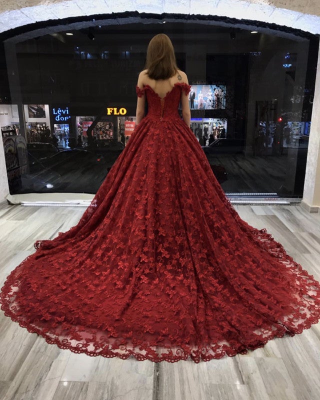 Lace Wedding Dresses Ball Gowns V-neck Off-The-Shoulder