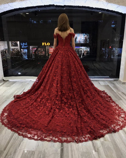Lace Wedding Dresses Ball Gowns V-neck Off-The-Shoulder