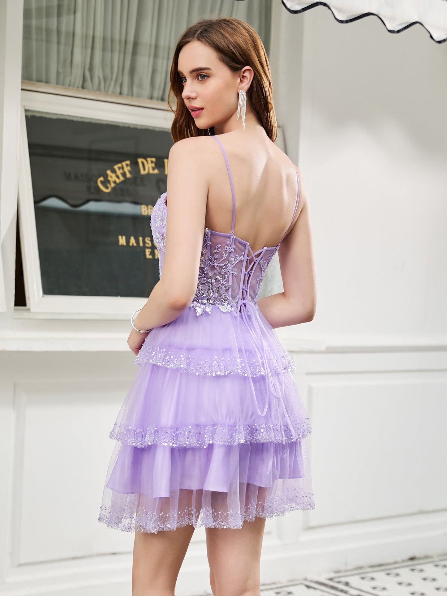 Corset Bodice Top Tulle Tiered Short Dress Lilac